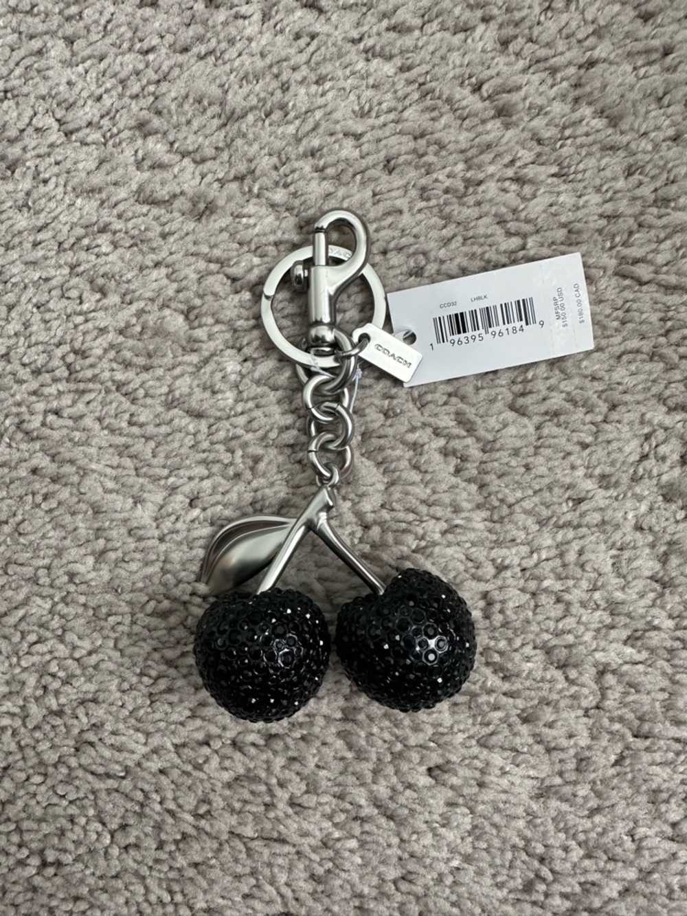 NWT Coach Crystal Cherry Bag Charm Keychain Fob CCD32 Silver / Black Gift